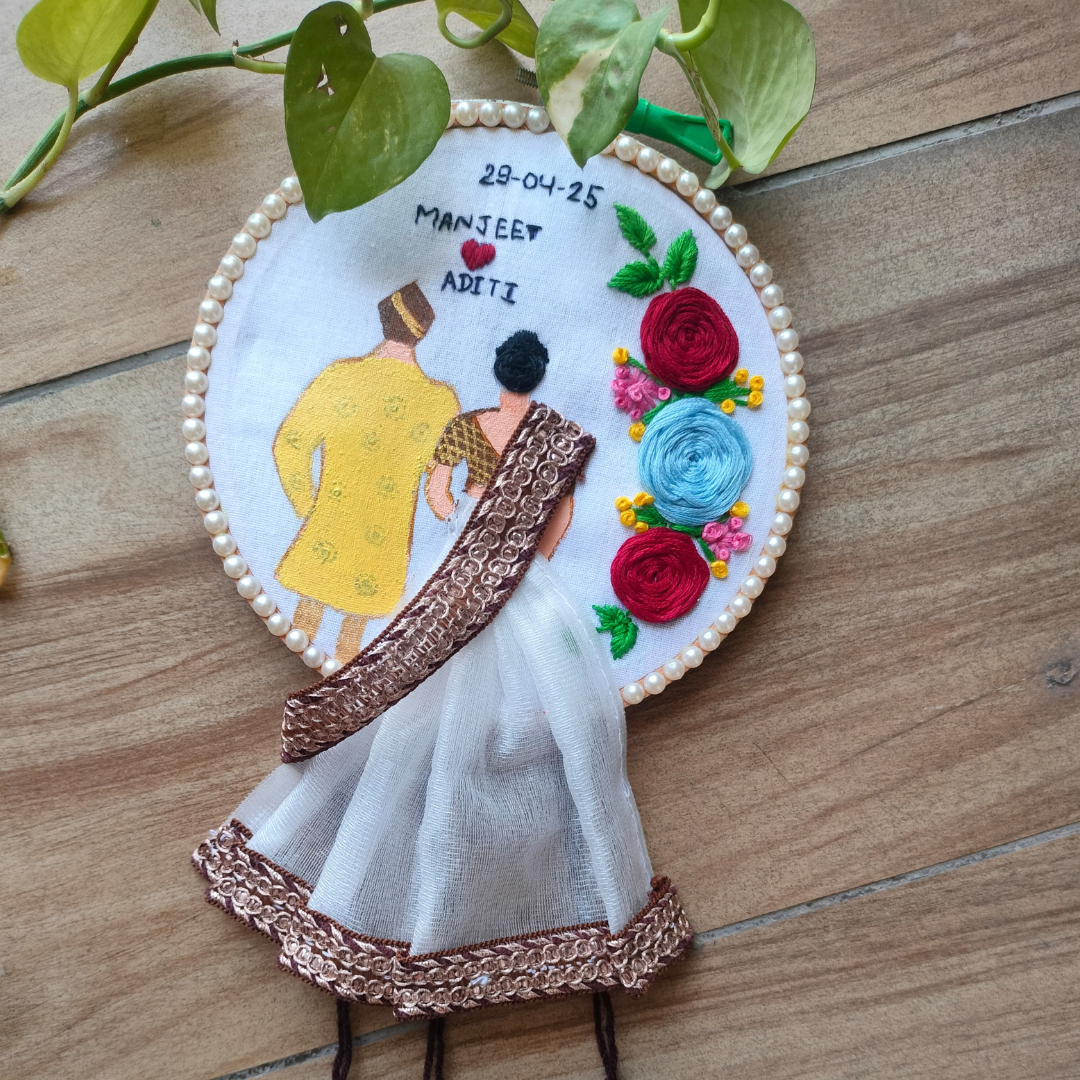 Hand-Embroidered Wedding Hoop – Round Wall Decor (6 Inch)