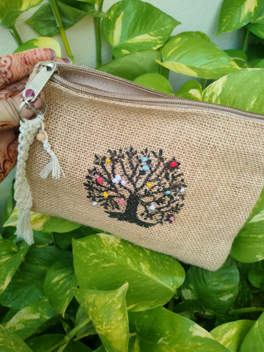Handmade Jute Pouch with Embroidered Tree Design - Image 4