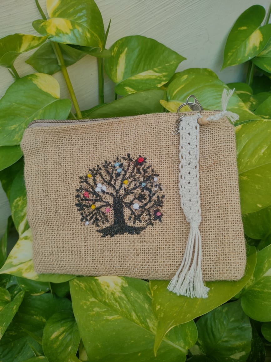 Handmade Jute Pouch with Embroidered Tree Design