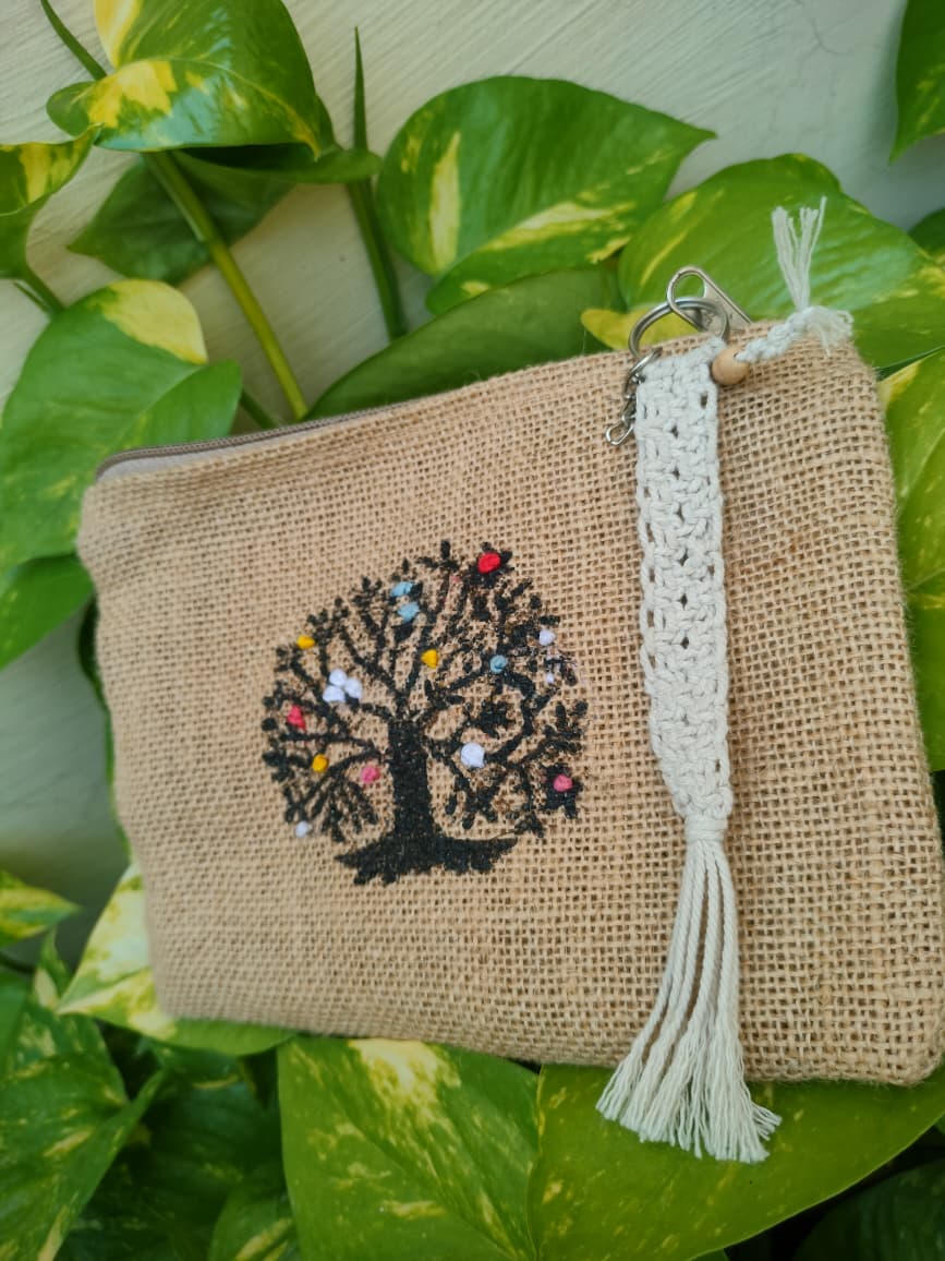 Handmade Jute Pouch with Embroidered Tree Design - Image 3